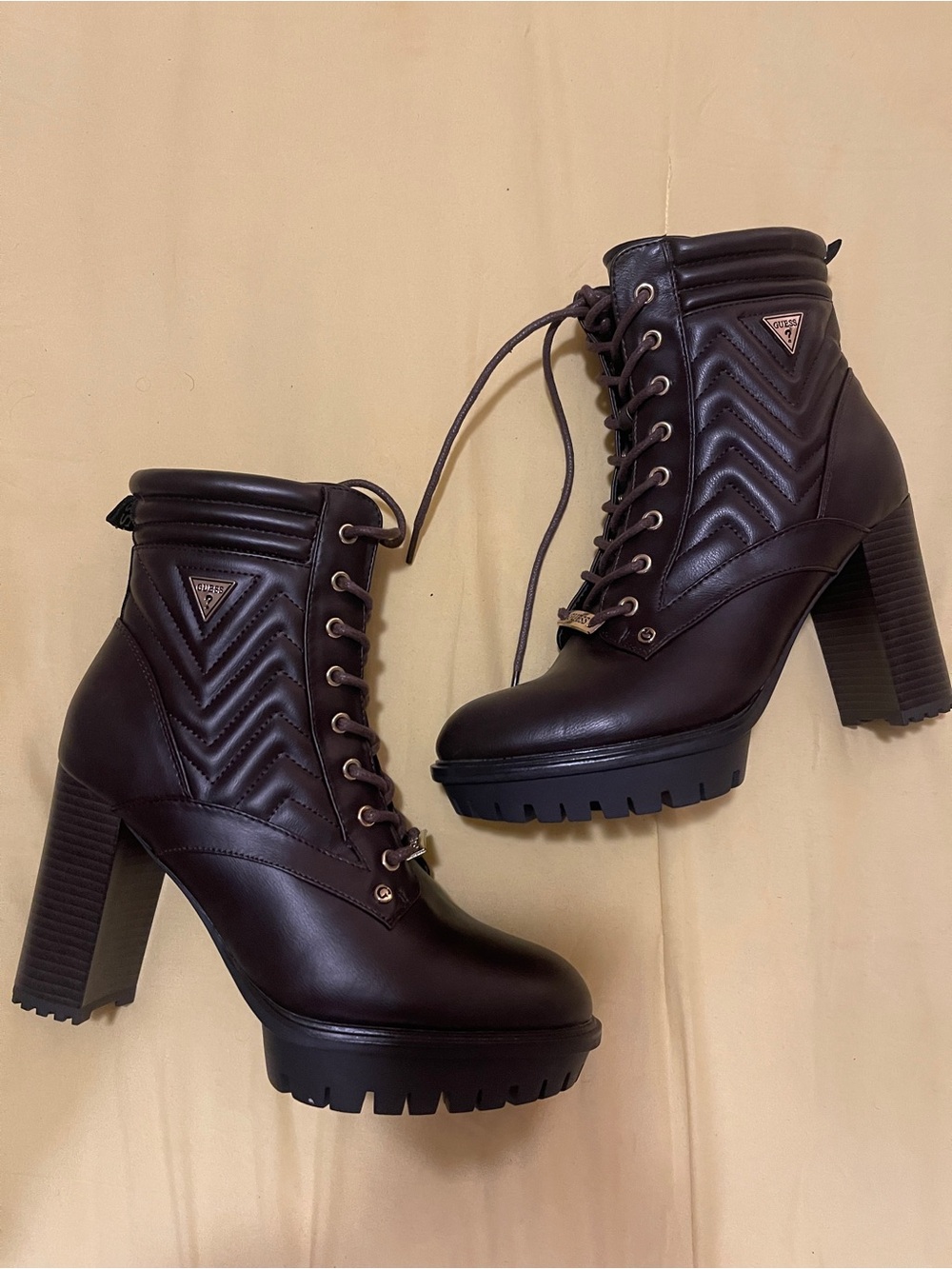 Guess Chocolate Brown Quilted Lace-Up Platform Heel Ankle Boots